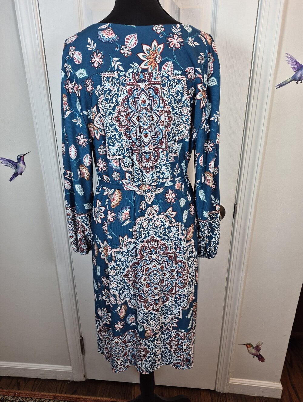 Luxology Teal Boho Mandala Print Faux Wrap Dress XL Coastal Bohemian - Picture 7 of 9